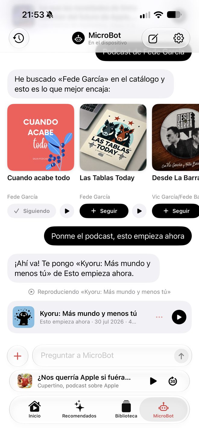 MicroBot listando los últimos episodios de un podcast