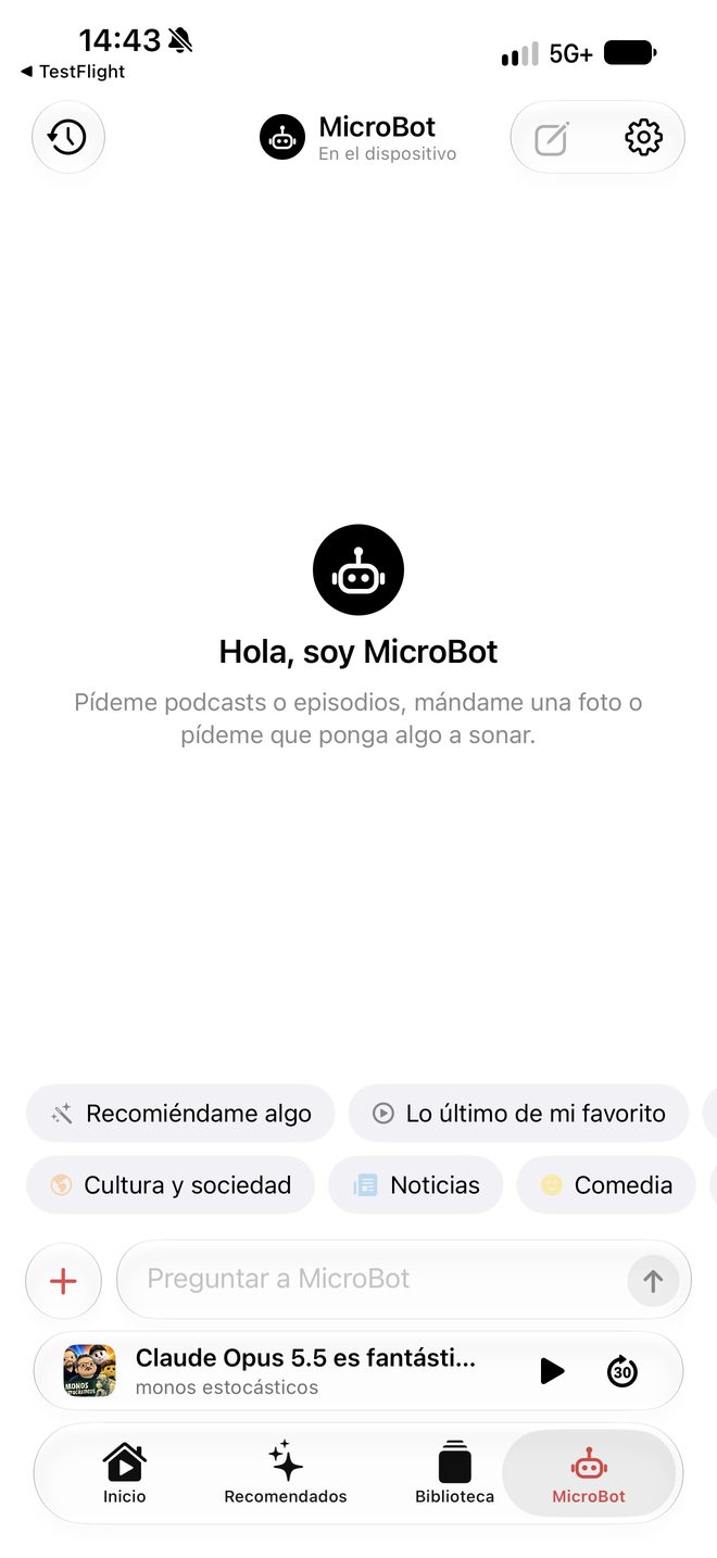 Pantalla de inicio de MicroBot con sugerencias
