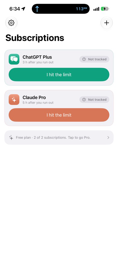 Inicio de Tokenify con ChatGPT Plus, Claude Pro y el botón de límite