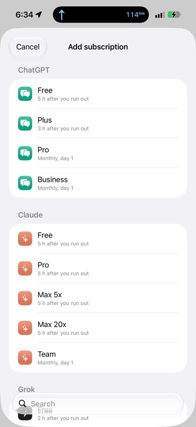 Catálogo de Tokenify para añadir un plan de ChatGPT, Claude o Grok