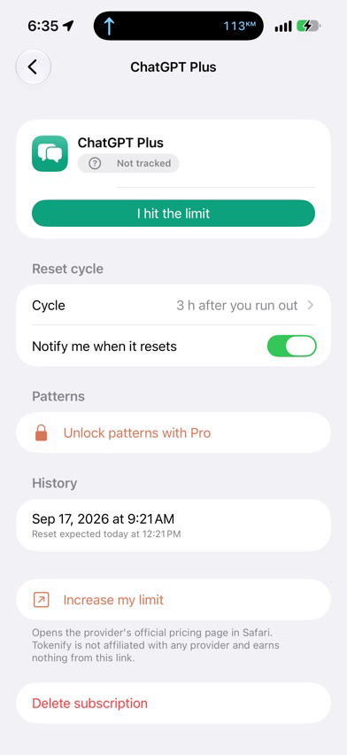 Detalle de ChatGPT Plus con ciclo de reset, aviso e historial